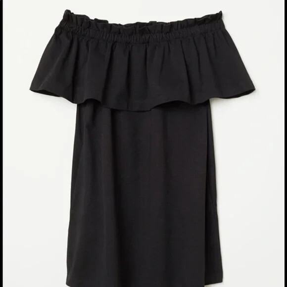H&M Black Off the Shoulder Ruffle Mini Dress Sz XS Thick Jersey Straight Hem - Picture 3 of 8